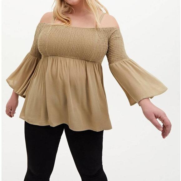 Torrid Babydoll Crinkle Gauze Smocked Cold Shoulder Top in Olive - Picture 1 of 9